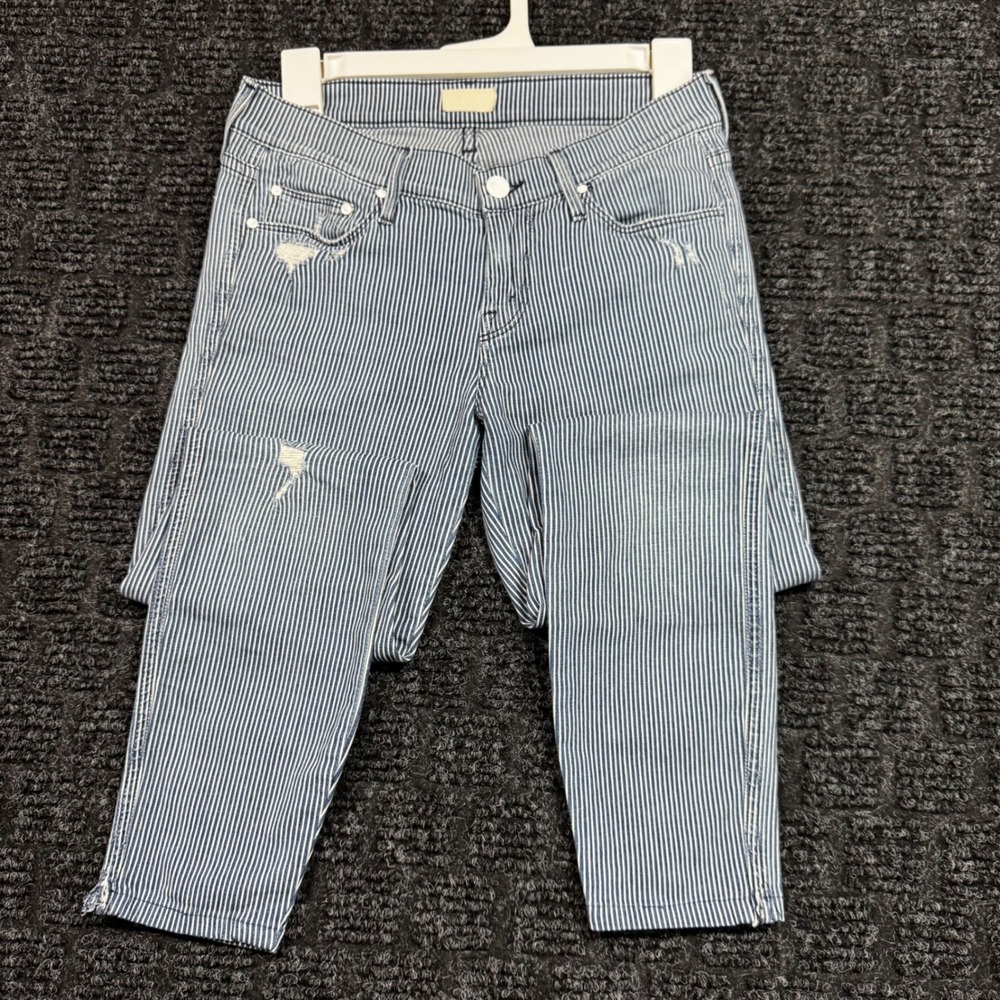 Mother Denim The Looker Hickory Stripe Distressed Cropped Skinny Jeans Size 25